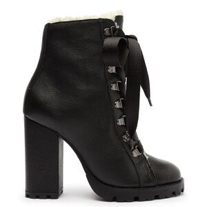 New Schutz Zara fur lined Winter black Leather Ankle Boots high block heels 7 B
